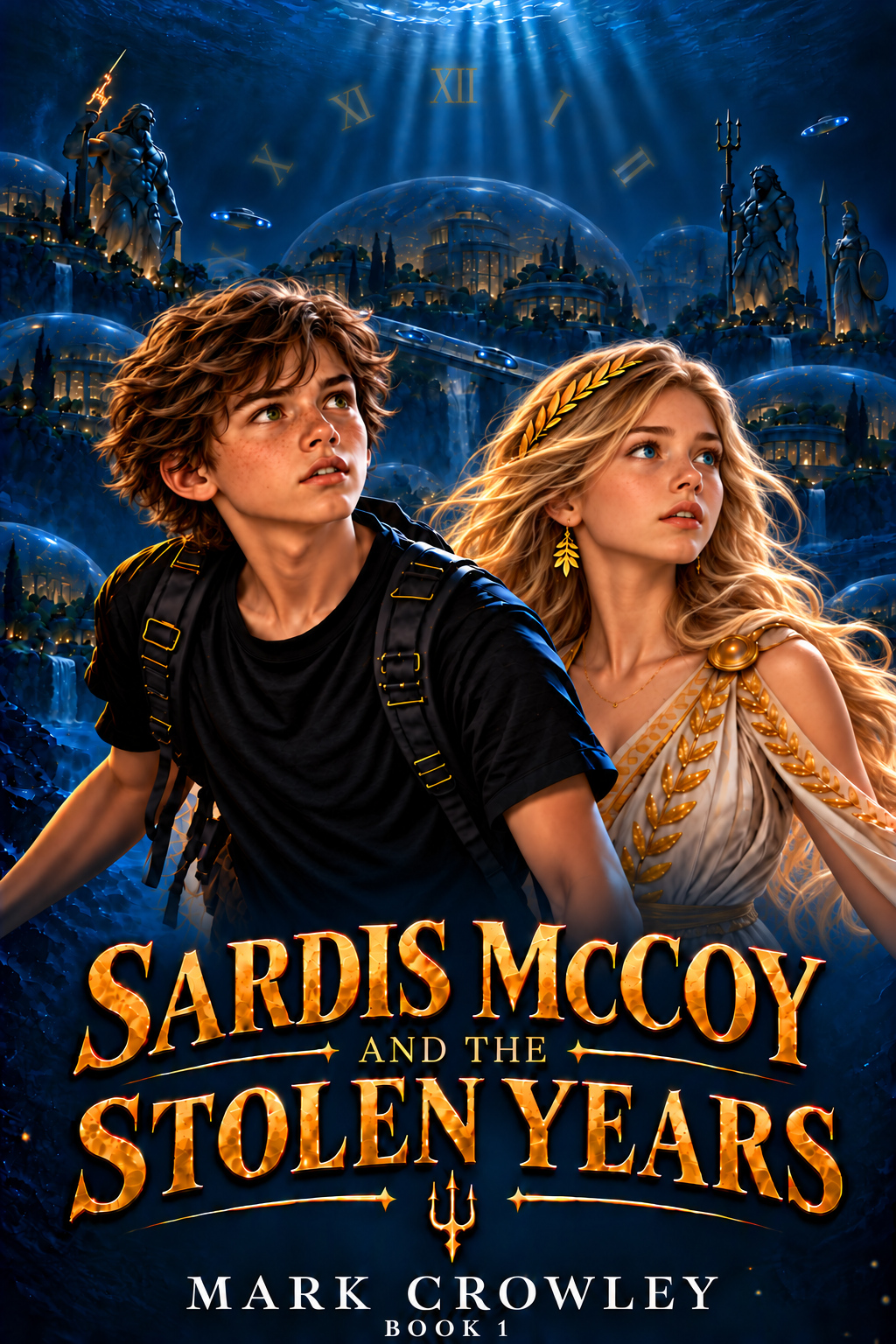 Cover of Sardis McCoy and the Stolen Years, Book 1, by Mark Crowley: Sardis and Athena above a mysterious underwater city.