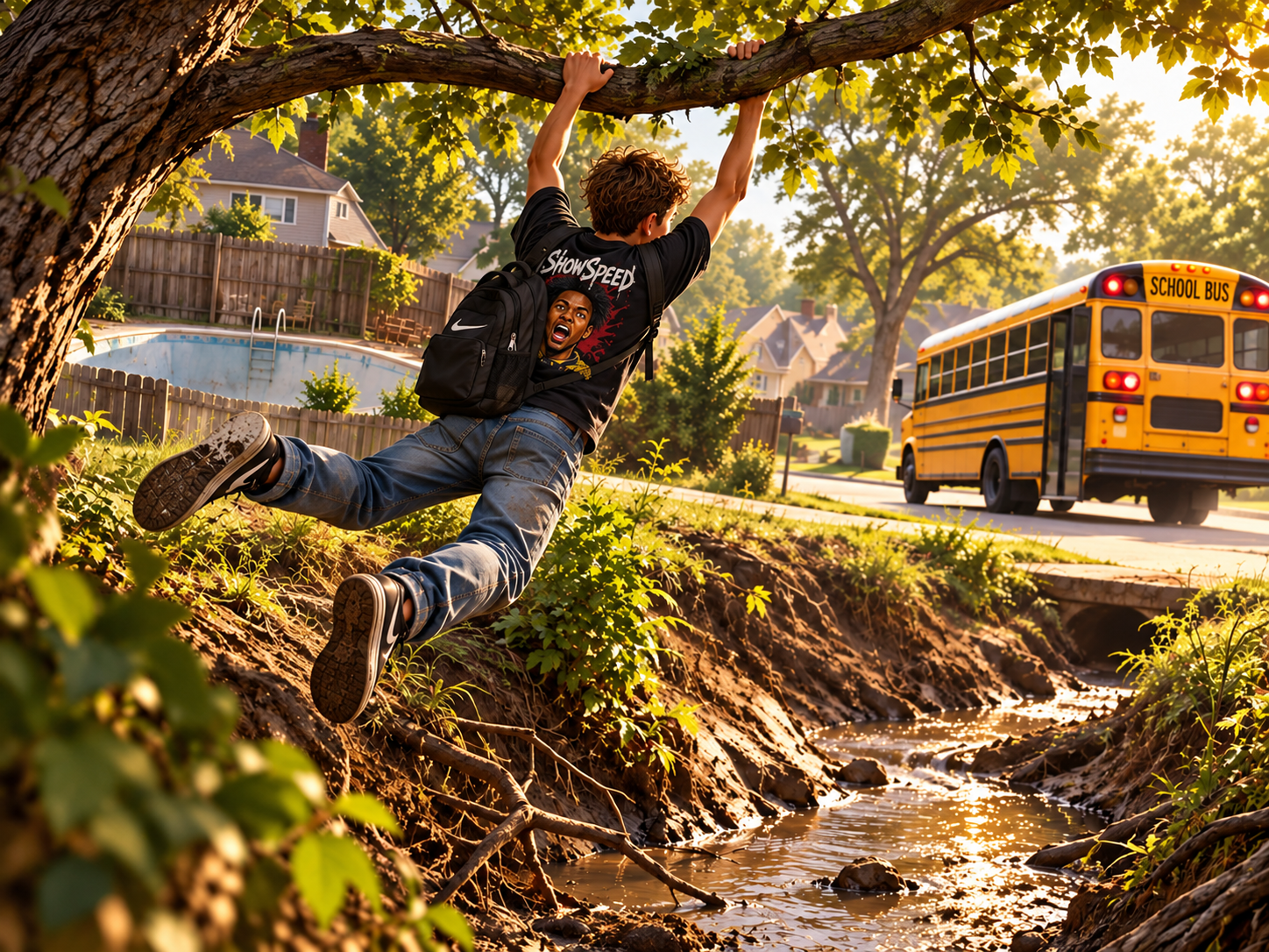 Sardis swings over a shallow creek as a school bus waits beyond the bank.